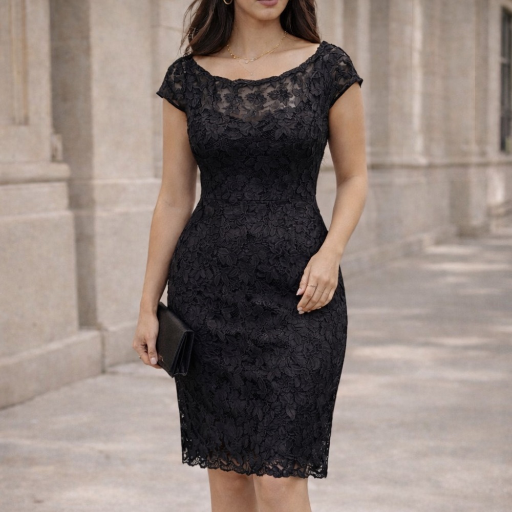 Vintage 90s Black Lace Dress | Size 8 | Knee Length Body Con | Sheer